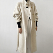 韩版廓形斜襟羊毛宽松100%双面羊绒大衣女，秋冬宽松长款毛呢外套