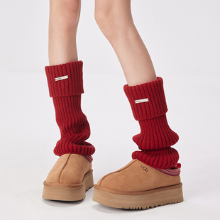 红色袜套辣妹y2k个性金属标针织堆堆袜秋冬配雪地靴加厚保暖腿套