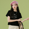 短款短袖t恤女夏季2023年韩版宽松圆领小个子黑色纯棉体恤衫