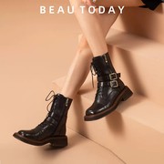 BeauTodayBT马丁靴女秋季方头真皮短靴厚底中筒靴瘦瘦靴女靴子