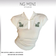 ngminimalism新中式白色刺绣镂空小飞袖针织t恤女夏夏季(夏夏季)冰丝薄款