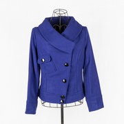 冬装冬季长袖纽扣通勤宝蓝色，羊毛大衣粗花呢，短款非对称上衣外套女