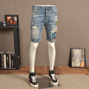 夏季破洞牛仔短裤男弹力潮牌修身潮流喷漆拼接贴布补丁做旧五分裤