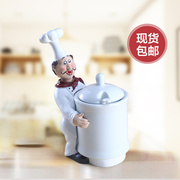 欧式创意动感可爱厨师陶瓷盐罐，调味盒调味罐套装厨房三件套带盖勺