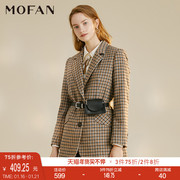 MOFAN2021秋装优雅气质格纹西装领上衣女韩版百搭休闲外套潮