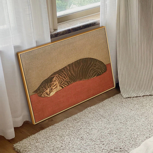 港画沙发背景墙装饰画抽象艺术，油画摆画日式猫咪挂画客厅卧室壁画
