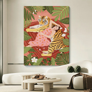 客厅老虎少女手绘油画森林波普，风动物装饰画玄关，抽象小众艺术挂画