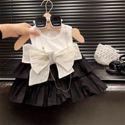 洋气2024夏季套装女童韩版吊带背心蝴蝶结公主蛋糕短裙两件套
