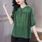绿色苎麻短袖衬衫女士，夏季2023年中国风刺绣，小衫宽松遮肚上衣