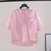韩国粉红色立领棉衬衫女单口袋高端中袖衬衣夏季文艺，范复古(范复古)上衣潮