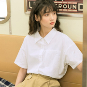 短袖衬衫女日系，polo领薄款大学生通勤职业ins潮，宽松上衣衬衣夏季