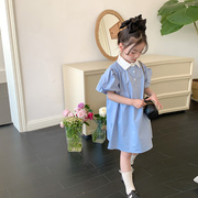 艾摩贝贝女童气质泡泡，袖小翻领衬衫裙儿童韩版简约蓝色棉质连衣裙