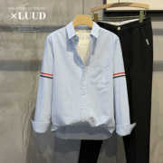 LUUD 条纹设计感长袖衬衫英伦风个性拼接袖子纽扣休闲长袖衬衣男