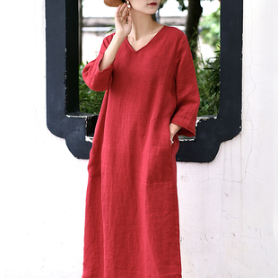 曼漫棉麻红色高品质色织亚麻连衣裙气质通勤复古V领宽松显瘦袍子