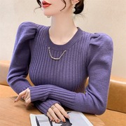 泡泡袖打底衫女秋冬设计感2024时髦时尚洋气加厚冬季紫色毛衣
