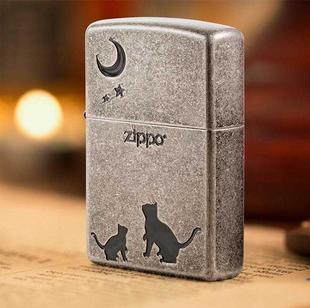 ZIPPO仰望星空猫月光喵望星空黑冰打火机猫咪望月猫标志正版月夜