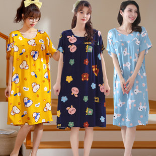 韩版加长款棉绸睡裙女士，短袖加大码，睡衣夏季人造棉宽松舒适居家服