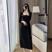ftguoge黑色连衣裙女2023秋季方领法式复古显瘦小香风中长裙