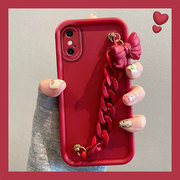 红色带蝴蝶结手链适用苹果x手机壳iPhone8plus简约xr纯色6sp新年款xsmax可斜挎7p手腕6s过年se2八se3七本命年