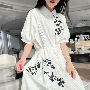 白色新中式国风连衣裙女2024夏季薄高腰显瘦棉麻，刺绣短袖大摆长裙