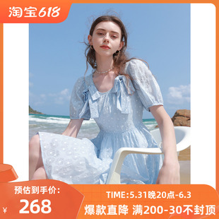 三彩2023夏季复古法式蝴蝶结，连衣裙清新雏菊波点盐缩娃娃裙女