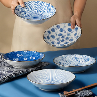 美浓烧日本进口装菜盘子家用日式釉下彩盘8英寸早餐圆盘陶瓷餐具