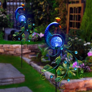花园庭院装饰铁艺摆件仿真动物孔雀太阳能裂纹灯户外院子景观布置