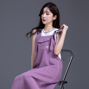 紫色牛仔背带裙女2024夏季今年流行时尚连衣裙，小个子a字长裙
