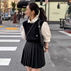 韩国chic春季法式学院风百搭长袖衬衫+针织马甲+百褶半身裙三件套