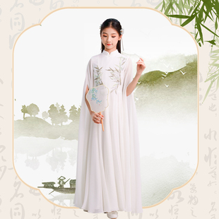 新白色清新竹叶女童连衣裙优雅古筝民乐演出主持考级比赛宴会礼服