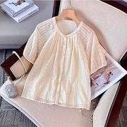 刺绣蕾丝镂空短袖衬衫女夏季2024春季小个子雪纺泡泡袖娃娃衫上衣