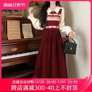 复古红樱桃爱心甜美减龄针织连衣裙，秋冬大码假两件拼接设计感长裙