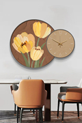 郁金香钟表餐厅装饰画现代简约创意组合饭厅圆形挂画花卉墙壁挂钟