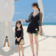 黑色亲子泳衣母女分体，裙式长袖女童女孩，公主游泳衣沙滩泳装