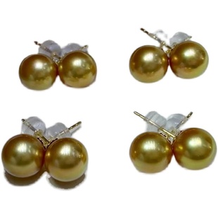 10mm18k海水金珍珠(金珍珠)耳钉，正圆茶金色南洋金珠实心厚耳针超高性价比