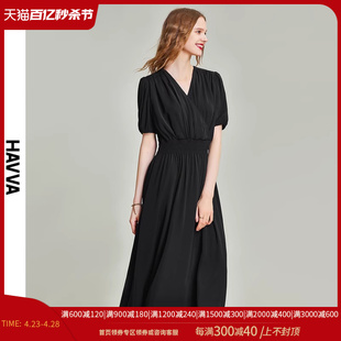 havva2024夏季法式连衣裙小众，设计高腰气质v领黑色，长裙q80020