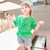 (断码)女童夏季绿色纯色短袖棉布衬衫衬衣娃娃衫