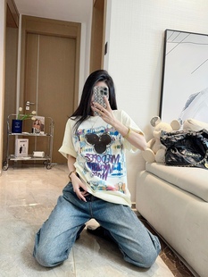 深圳南油高品质小众潮牌卡通印花米白色宽松大版短袖T恤