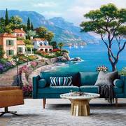 欧式8d壁画5d地中海油画风景壁纸，客厅沙发电视，背景墙纸3d影视墙布