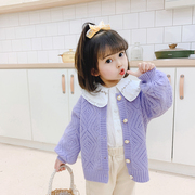 女童开衫外套2023镂空紫色儿童毛衣薄款针织春秋款中小童洋气