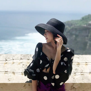 夏天草帽复古文艺法式赫本黑色，遮阳泰国沙滩，度假大沿太阳女帽灯罩