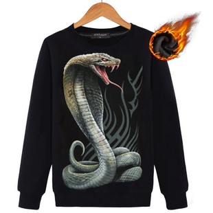 秋冬男士个性3D立体图案动物毒蛇宽松加绒加厚长袖卫衣衬衫保暖衣