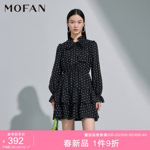 mofan摩凡木耳边雪纺茶歇裙，2024春黑色圆点，高级感显瘦连衣裙