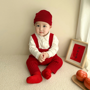 秋冬春季男婴儿宝宝喜庆红色，毛衣背带裤套装，抓周新年服生日礼服