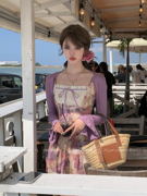 acaine微醺紫藤中长款一字，领收腰印花吊带连衣裙女夏季法式裙子