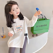 女童中长款开叉T恤2024秋季韩系女孩个性不规则长袖卡通上衣