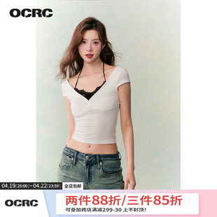 OCRC Official 甜辣风蕾丝拼接短袖T恤女夏修身显瘦挂脖短款上衣