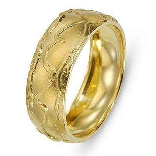 14k黄色结婚戒指情侣带黄金融化雾蒙纹理风格，6.6毫米指环男女