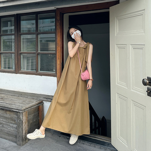 5折卡其色连衣裙，女2024夏季韩版宽松气质，蝴蝶结系带长裙