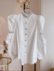 台湾货2023年秋冬设计感重工钉珠泡泡袖褶皱白色宽松衬衫衬衣女装